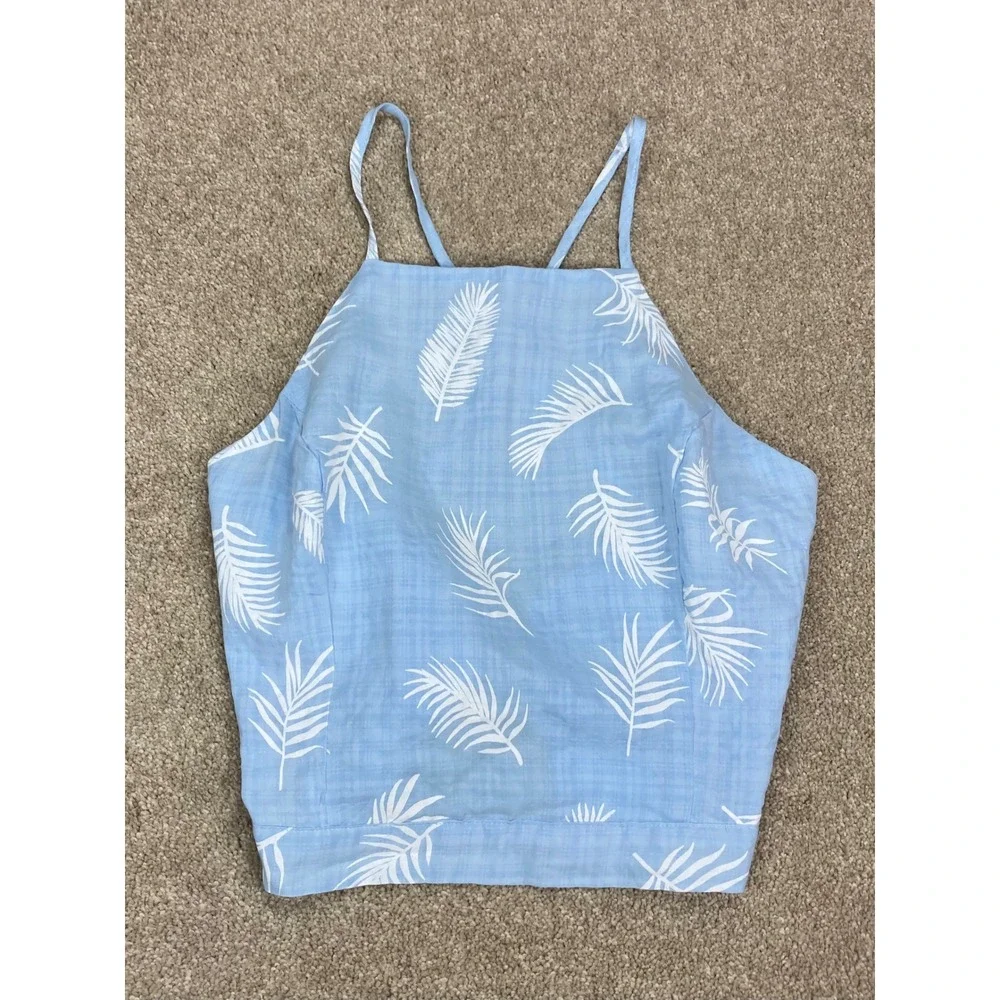 Hyfve Palm Leaf Print Tie Back Halter Crop Top Women L Pastel Blue Vacation Boho